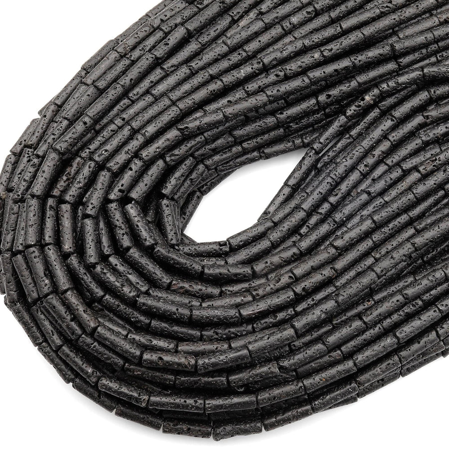 Natural Black Lava Rock Thin Long Tube Beads 14mm 15.5" Strand