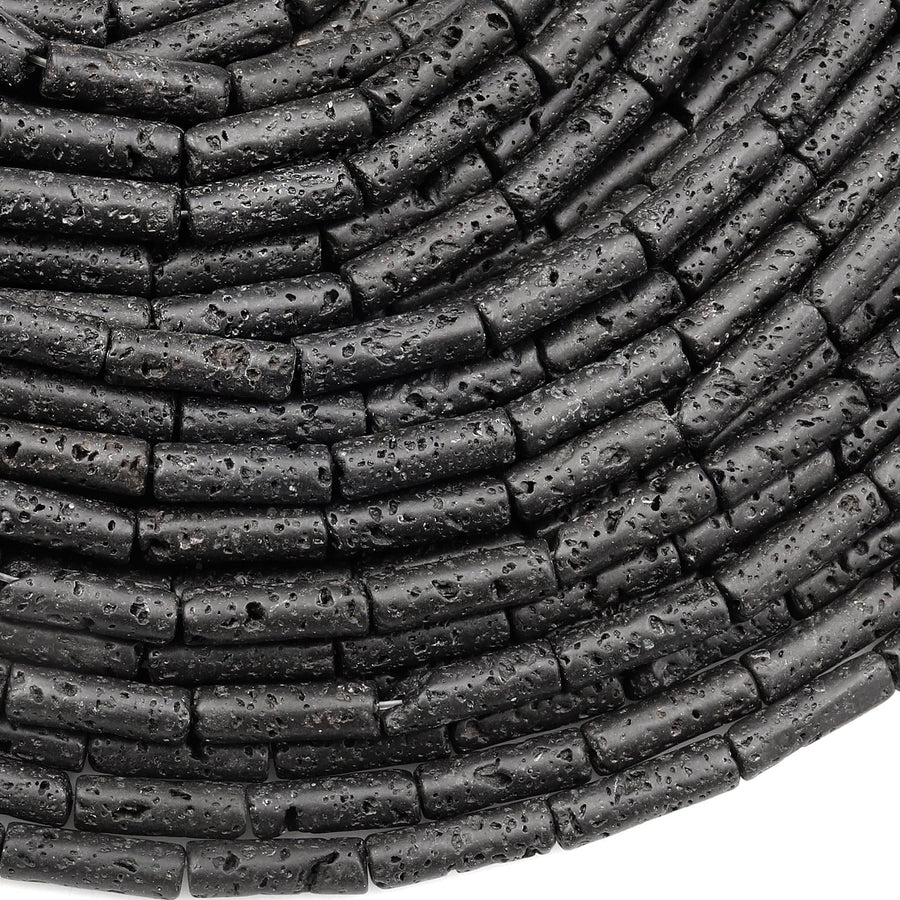 Natural Black Lava Rock Thin Long Tube Beads 14mm 15.5" Strand