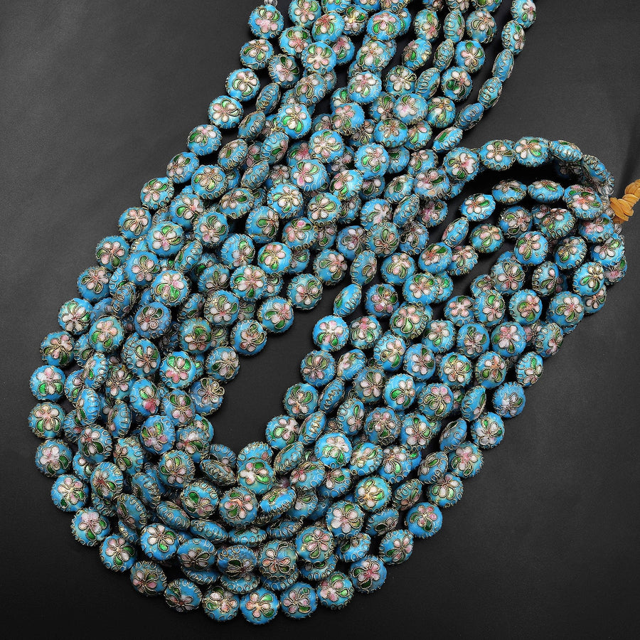 Aqua Blue Cloisonné Coin Beads 12mm Decorative Floral Enamel 15.5" Strand
