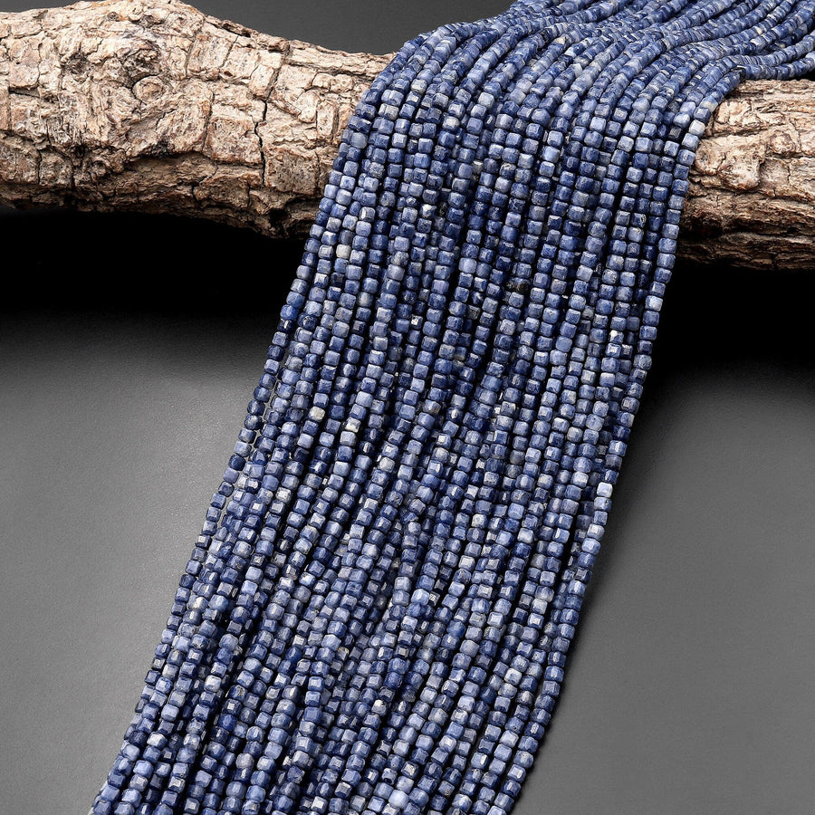 Natural Blue Sapphire Faceted Gemstone Cube Beads 2mm 15.5" Strand