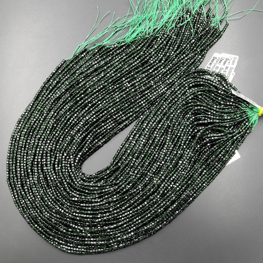 Micro Faceted Green Goldstone Sandstone Beads 2mm Cube 15.5" Strand