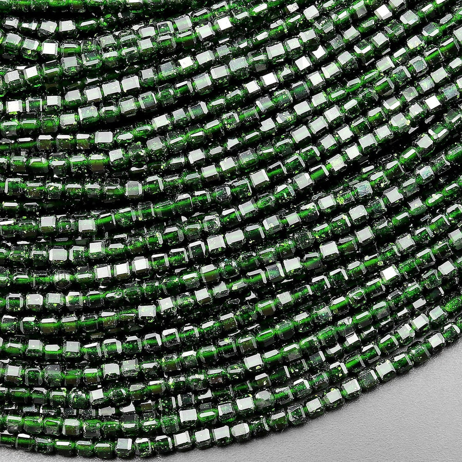 Micro Faceted Green Goldstone Sandstone Beads 2mm Cube 15.5" Strand