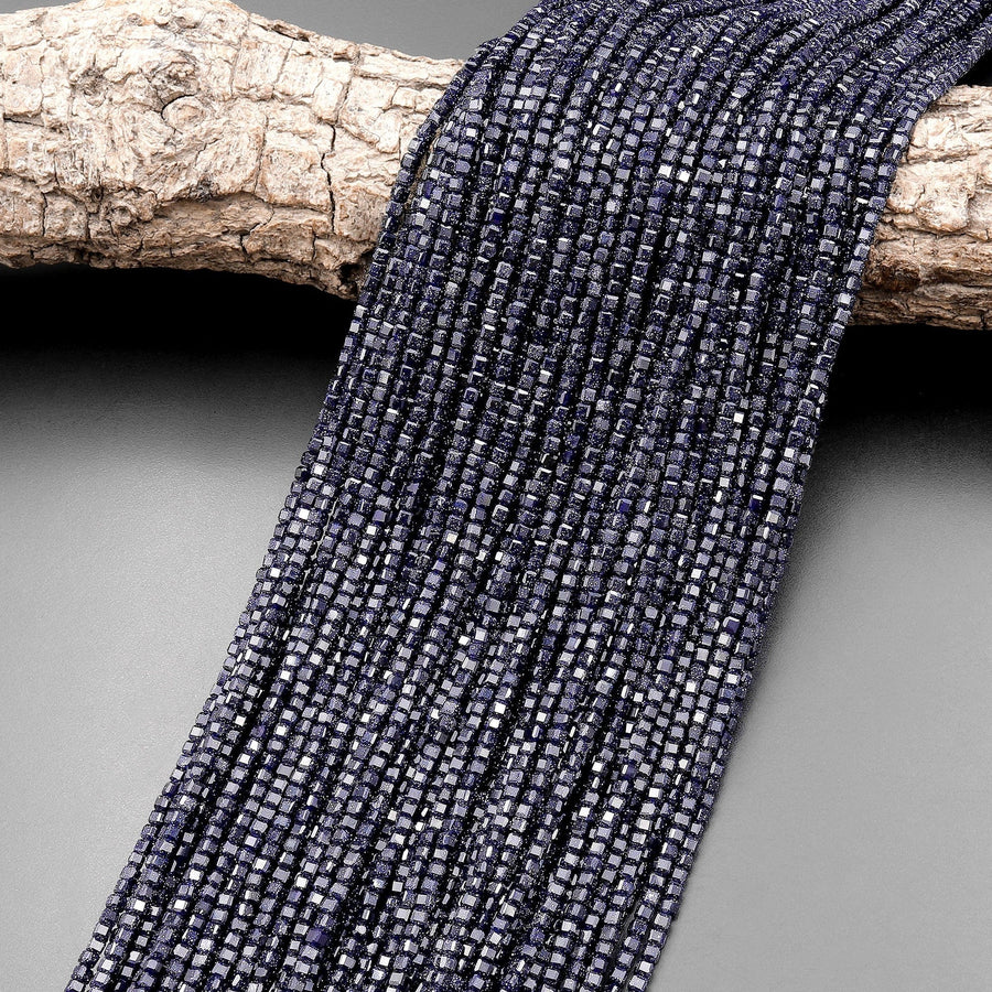 Micro Faceted Blue Goldstone Sandstone Beads 2mm Gemstone Cube 15.5" Strand