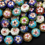 Hand Made Cloisonné Coin Beads 14mm Decorative Floral Copper Enamel 15.5" Strand
