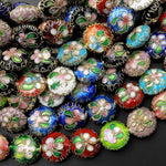 Hand Made Cloisonné Coin Beads 12mm Decorative Floral Copper Enamel 15.5" Strand
