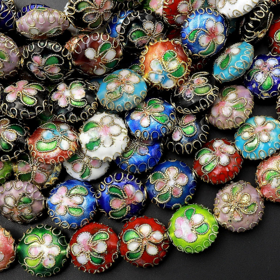 Hand Made Cloisonné Coin Beads 12mm Decorative Floral Copper Enamel 15.5" Strand