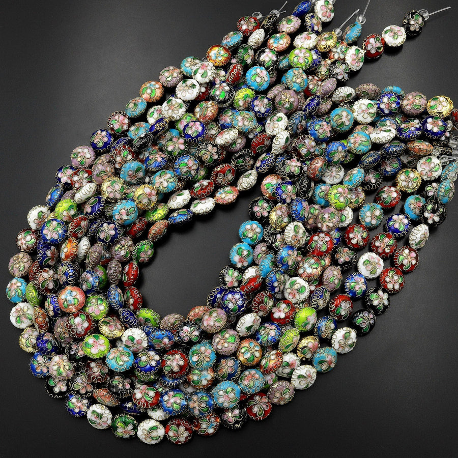 Hand Made Cloisonné Coin Beads 12mm Decorative Floral Copper Enamel 15.5" Strand