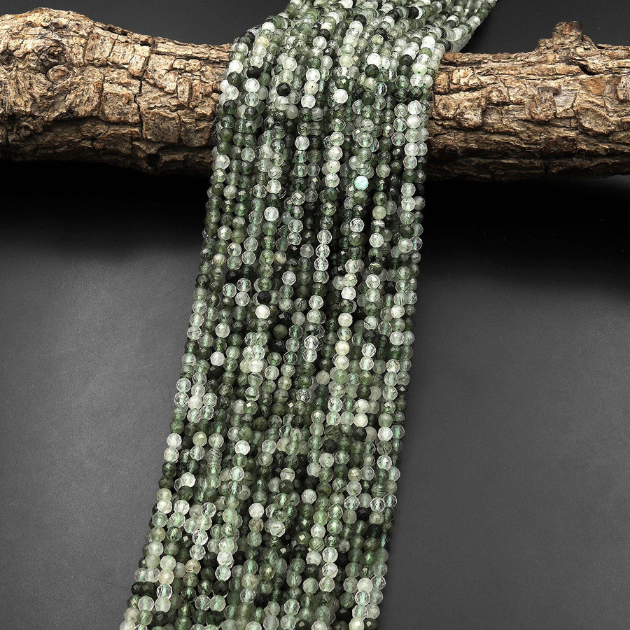 Faceted Natural Green Tourmaline Rutile Quartz 3mm 4mm Round Beads 15.5" Strand
