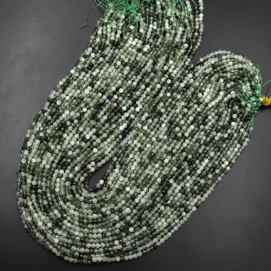 Faceted Natural Green Tourmaline Rutile Quartz 3mm 4mm Round Beads 15.5" Strand
