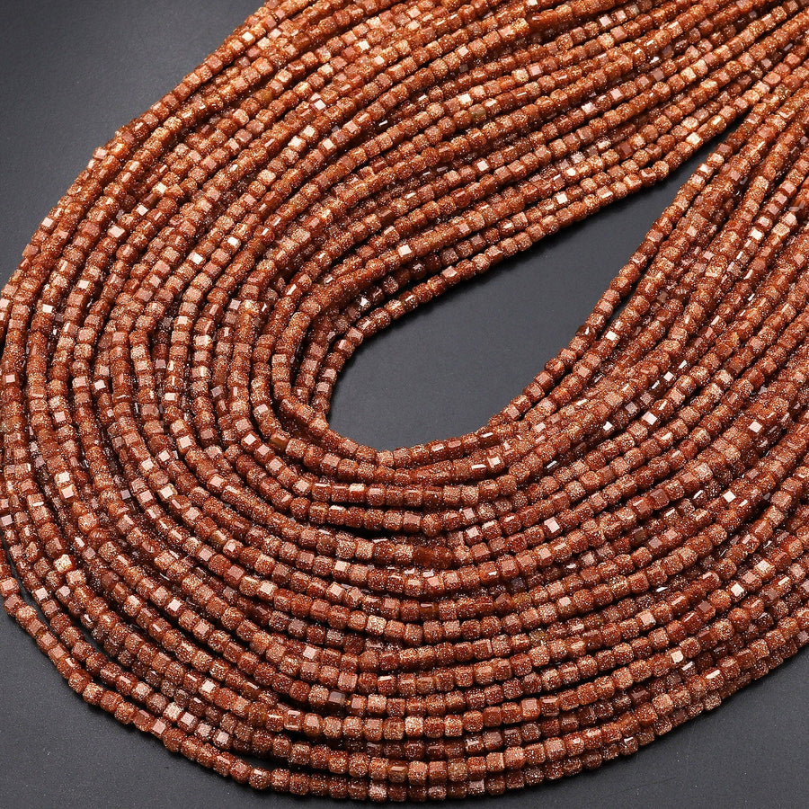 Micro Faceted Goldstone Sandstone Beads 2mm Cube 15.5" Strand