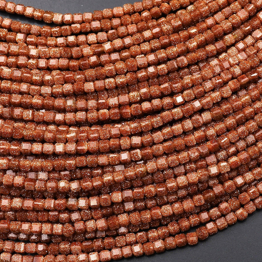 Micro Faceted Goldstone Sandstone Beads 2mm Cube 15.5" Strand