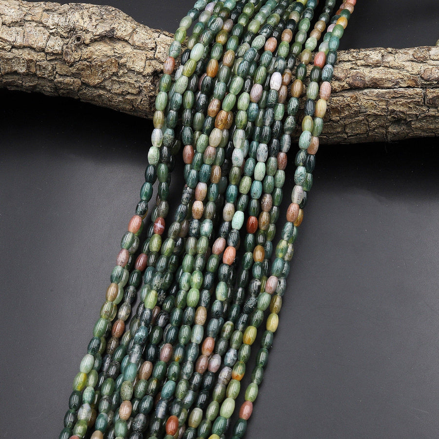 Natural Indian Agate Smooth Drum Barrel Beads Aka Green Red Bloodstone 15.5" Strand