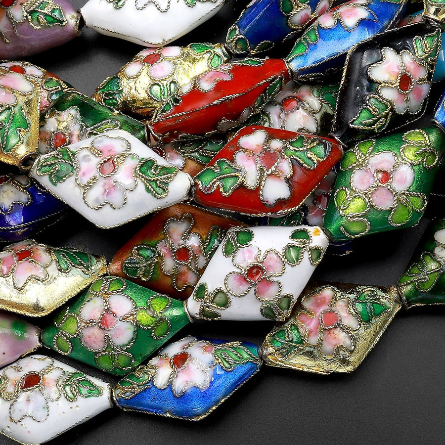Hand Made Cloisonné Diamond Beads 20mm Decorative Floral Enamel 15.5" Strand