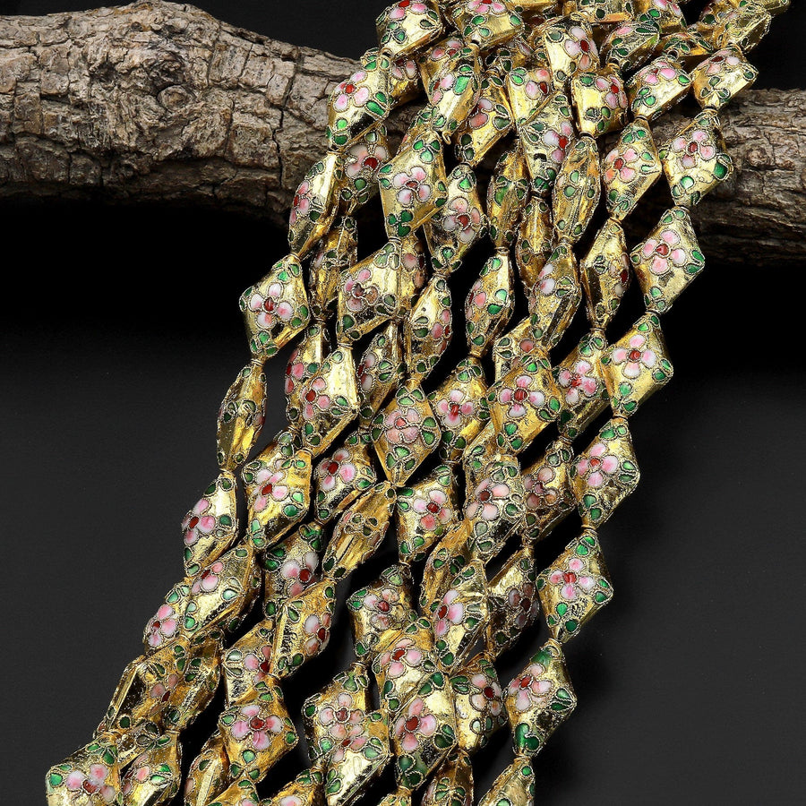 Hand Made Gold Cloisonné Diamond Bead 20mm Decorative Floral Enamel 15.5" Strand