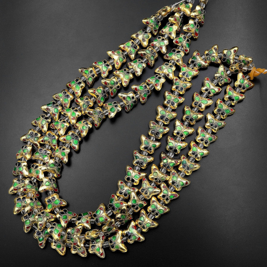 Gold Red Black Green Butterfly Cloisonné Beads Decorative Enamel 15.5" Strand