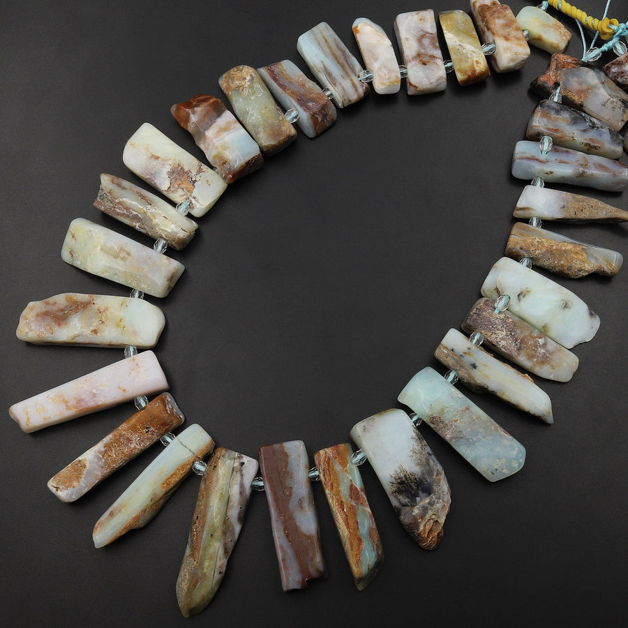 Natural Peruvian Blue Opal Freeform Rectangle Beads Spike Cleopatra Style Fan Shaped 15.5" Strand