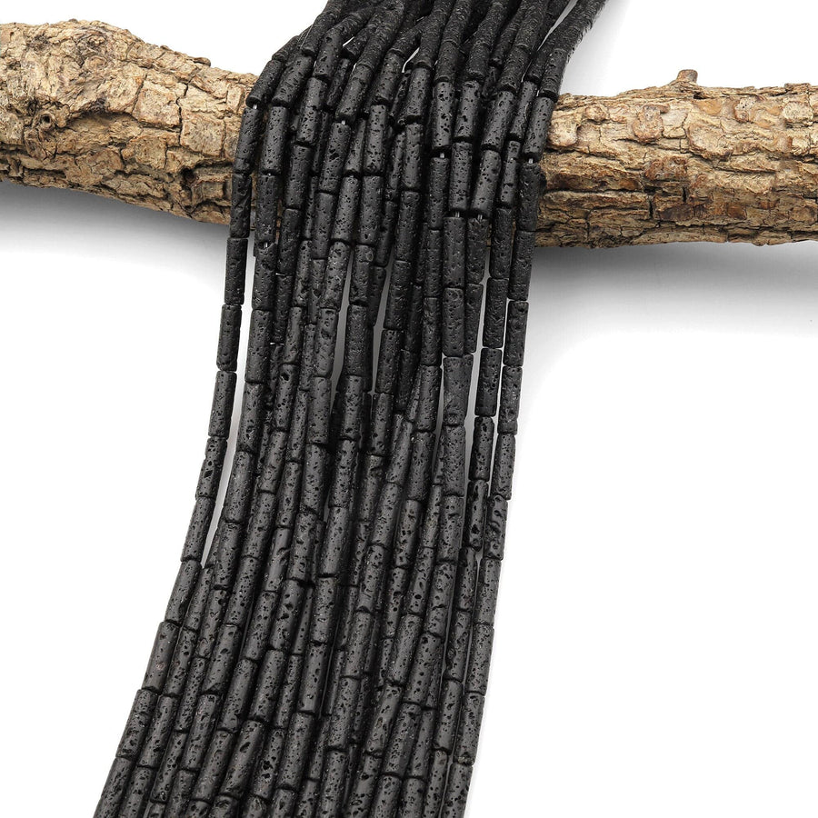 Natural Black Lava Rock Thin Long Tube Beads 14mm 15.5" Strand