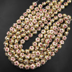 Gold Pink Cloisonné Coin Beads 14mm Decorative Floral Copper Enamel 15.5" Strand