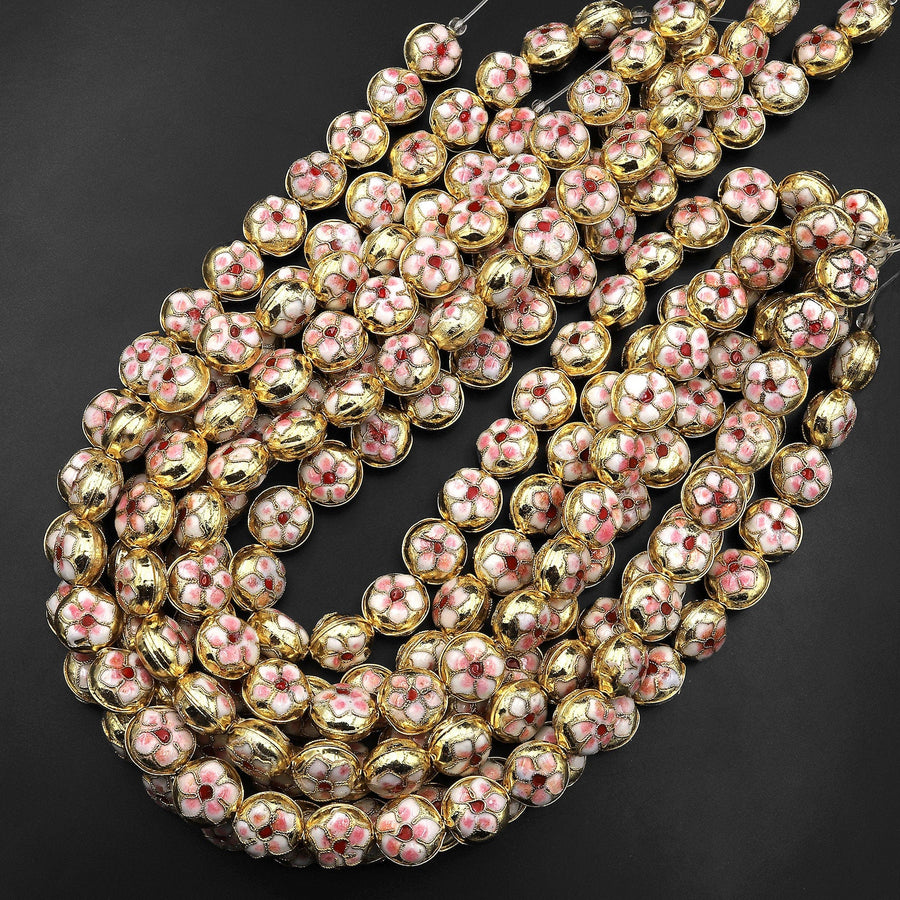Gold Pink Cloisonné Coin Beads 14mm Decorative Floral Copper Enamel 15.5" Strand