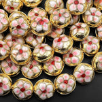 Gold Pink Cloisonné Coin Beads 14mm Decorative Floral Copper Enamel 15.5" Strand