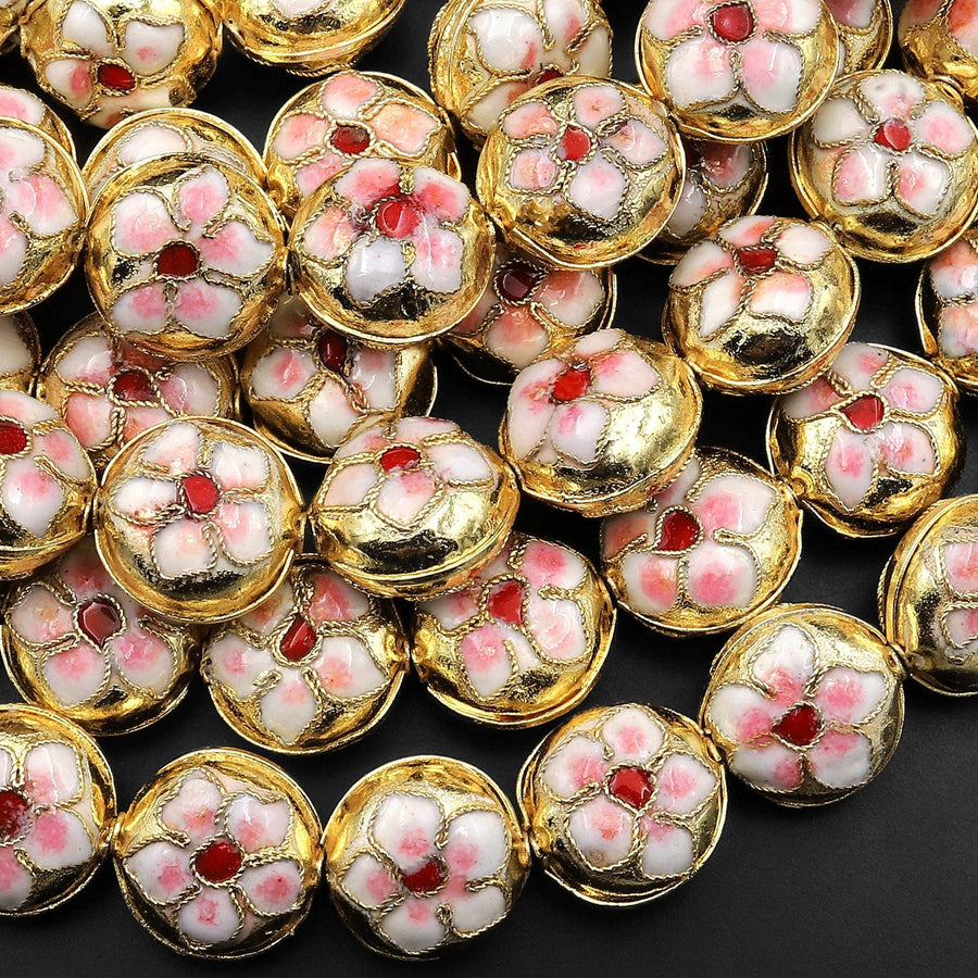 Gold Pink Cloisonné Coin Beads 14mm Decorative Floral Copper Enamel 15.5" Strand
