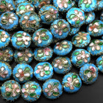 Aqua Blue Cloisonné Coin Beads 12mm Decorative Floral Enamel 15.5" Strand