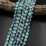 Aqua Blue Cloisonné Coin Beads 12mm Decorative Floral Enamel 15.5" Strand