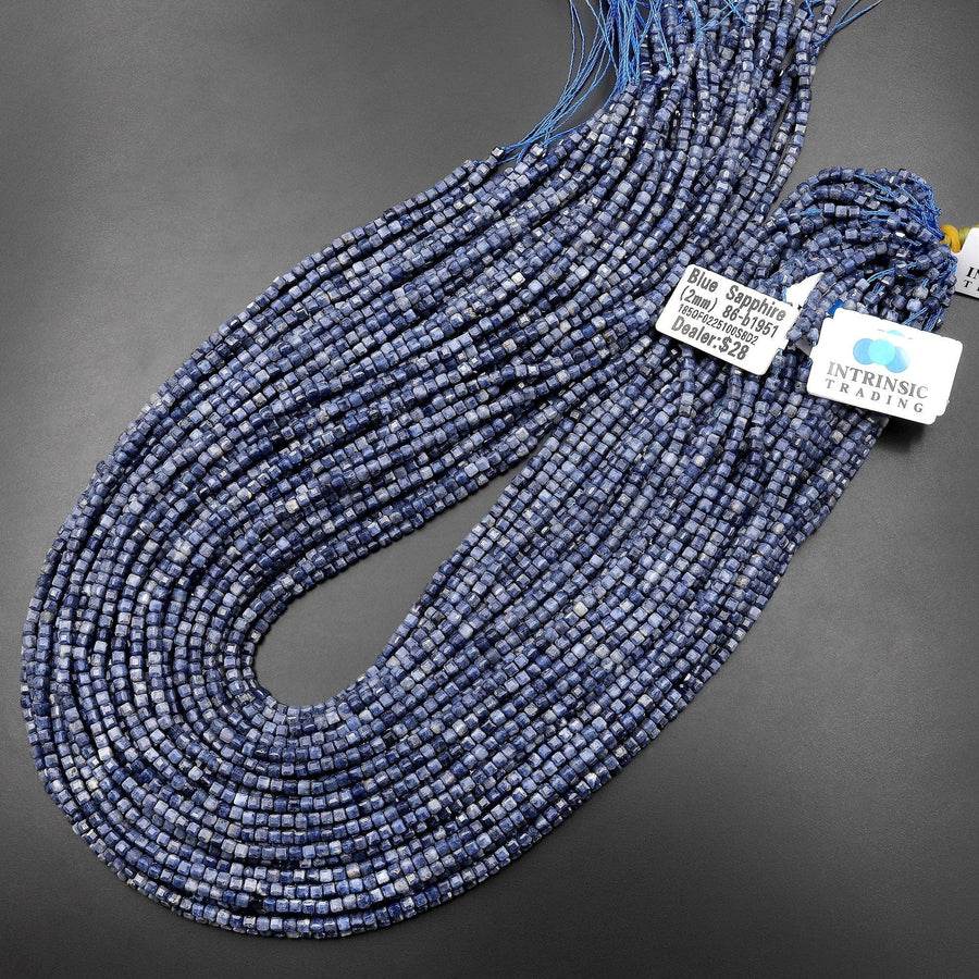 Natural Blue Sapphire Faceted Gemstone Cube Beads 2mm 15.5" Strand