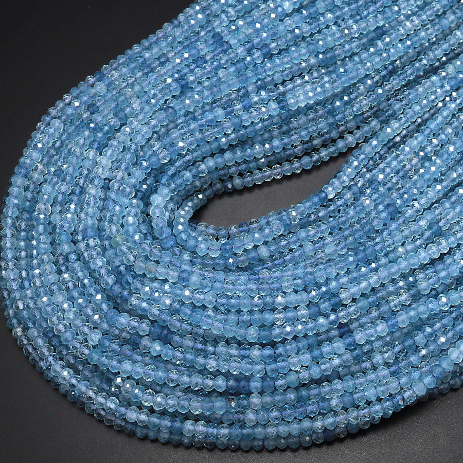 AAA Faceted Natural Blue Santa Maria Aquamarine Rondelle Beads 4mm Extra Translucent 15.5" Strand
