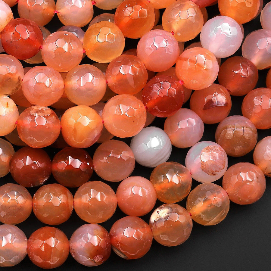 Faceted Natural Peach Orange Carnelian 10mm Round Beads 15.5" Strand