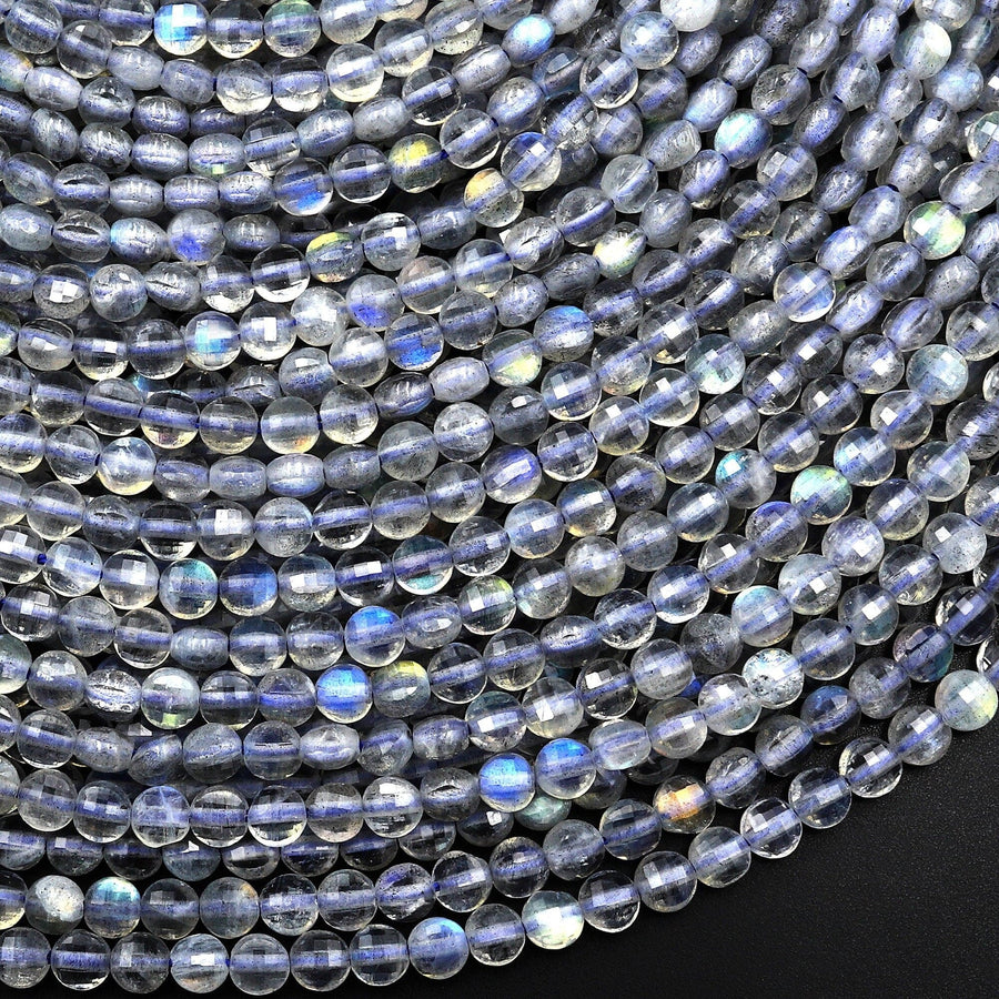 AAA Faceted Labradorite Coin Beads 3mm 4mm 15.5" Strand