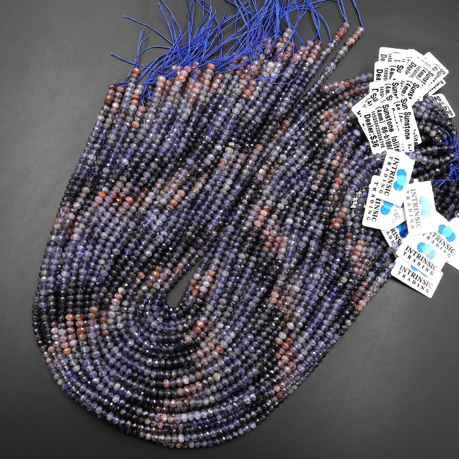 Rare Natural Sunstone Iolite Faceted 4mm Rondelle Beads 15.5" Strand