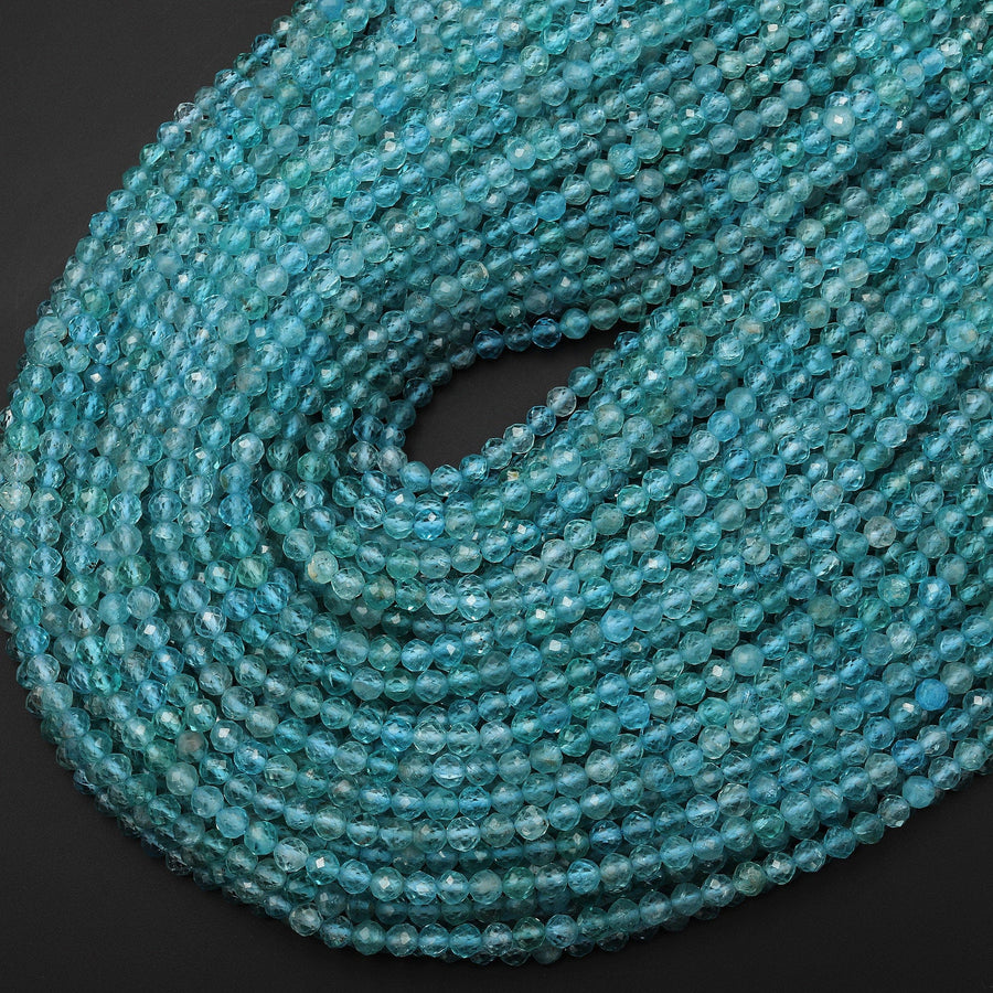AAA Natural Apatite Beads Faceted 4mm Round Beads Translucent Teal Blue Gemstone Micro Cut 15.5" Strand