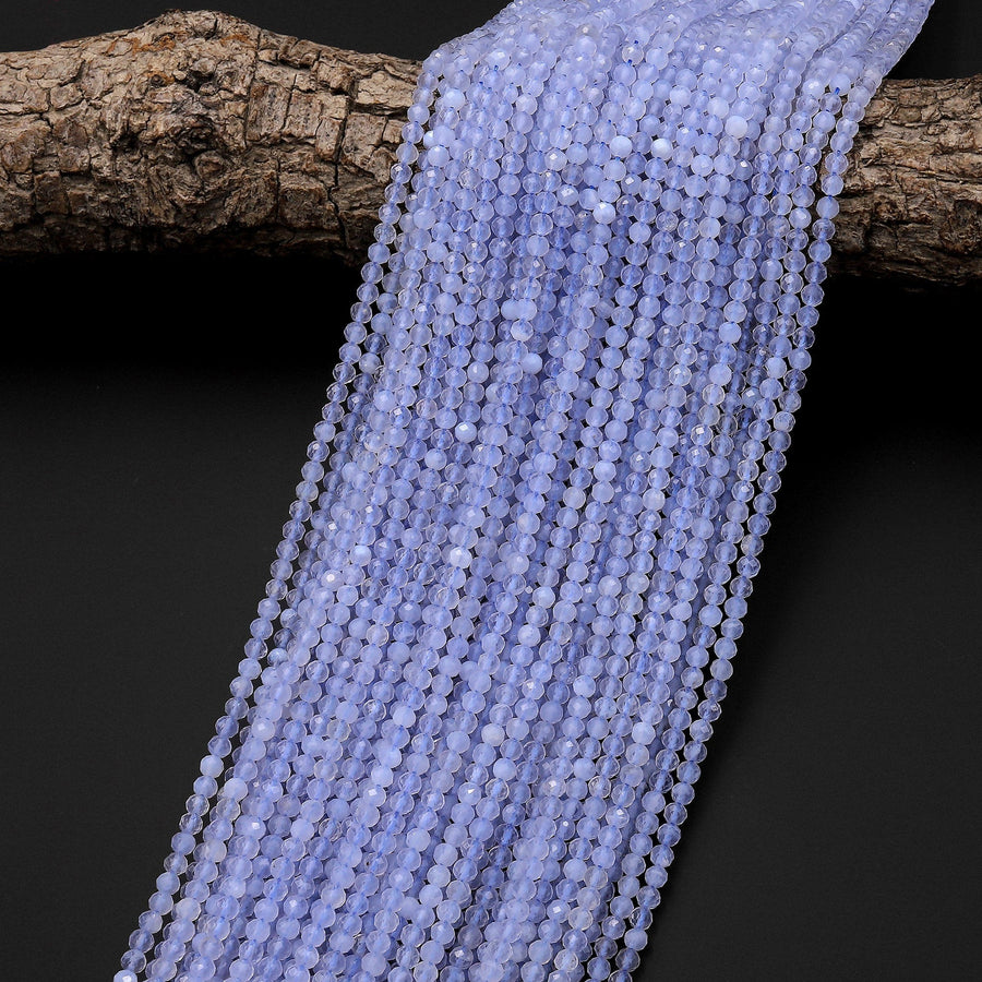 AAA Faceted Natural Blue Lace Agate 3mm 4mm 6mm Round Beads Blue Chalcedony 15.5" Strand