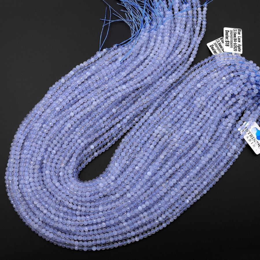 AAA Faceted Natural Blue Lace Agate 3mm 4mm 6mm Round Beads Blue Chalcedony 15.5" Strand