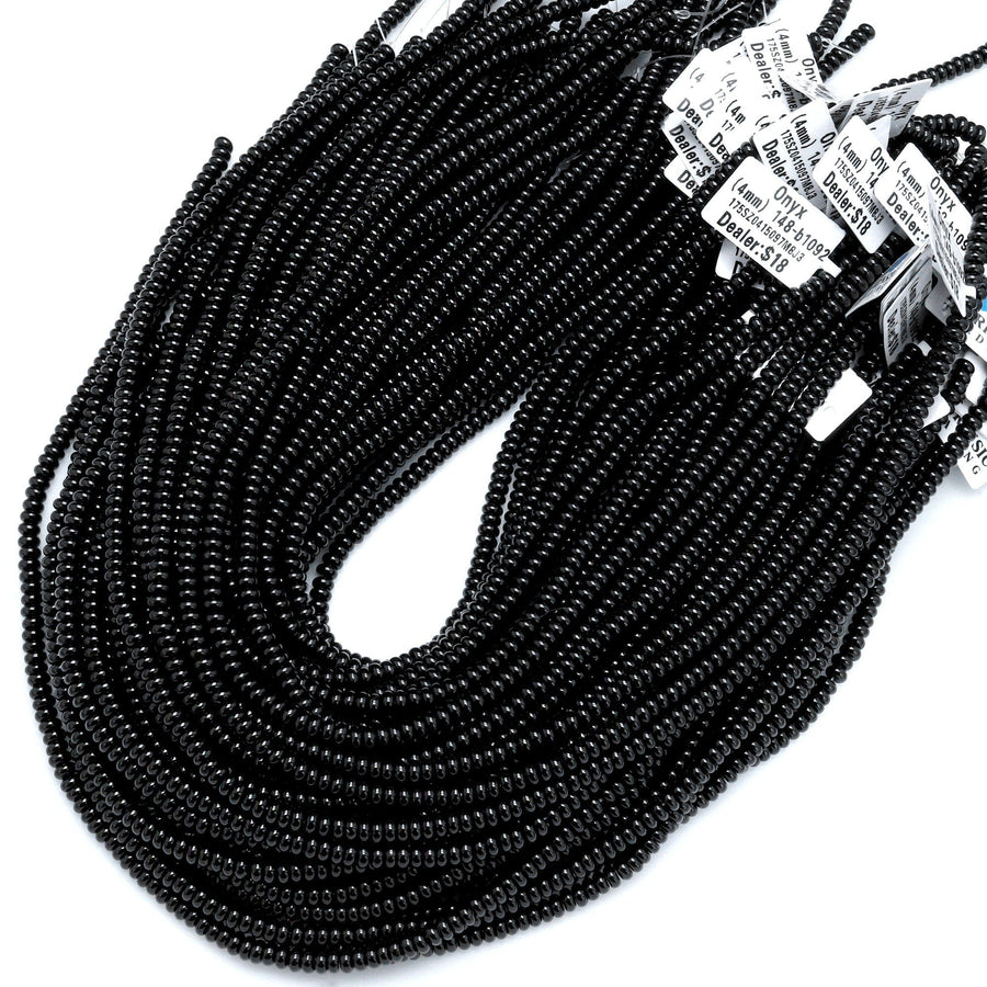 AAA Natural Black Onyx Rondelle Beads Smooth 4mm 15.5" Strand
