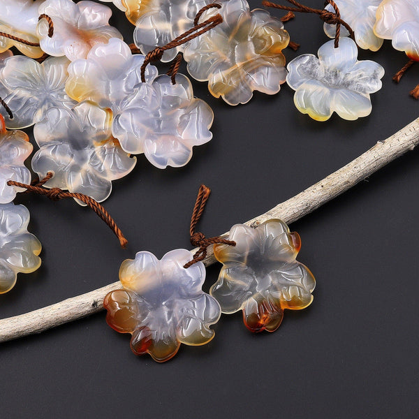 Hand Carved Natural Carnelian Flower Earring Pair Drilled Translucent Gemstone Matched Beads A4