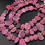 Real Genuine Natural Deep Red Pink Ruby Gemstone Large Flat Freeform Teardrop Slice Pendant Beads 15.5" Strand