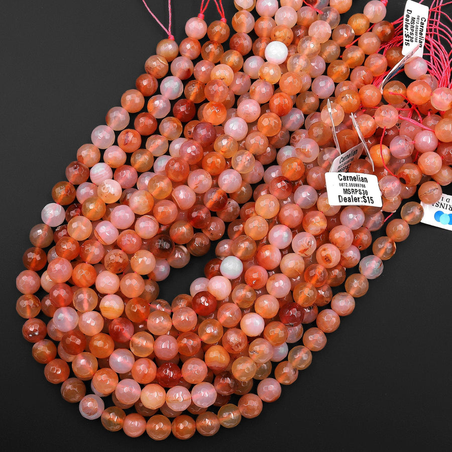 Faceted Natural Peach Orange Carnelian 10mm Round Beads 15.5" Strand