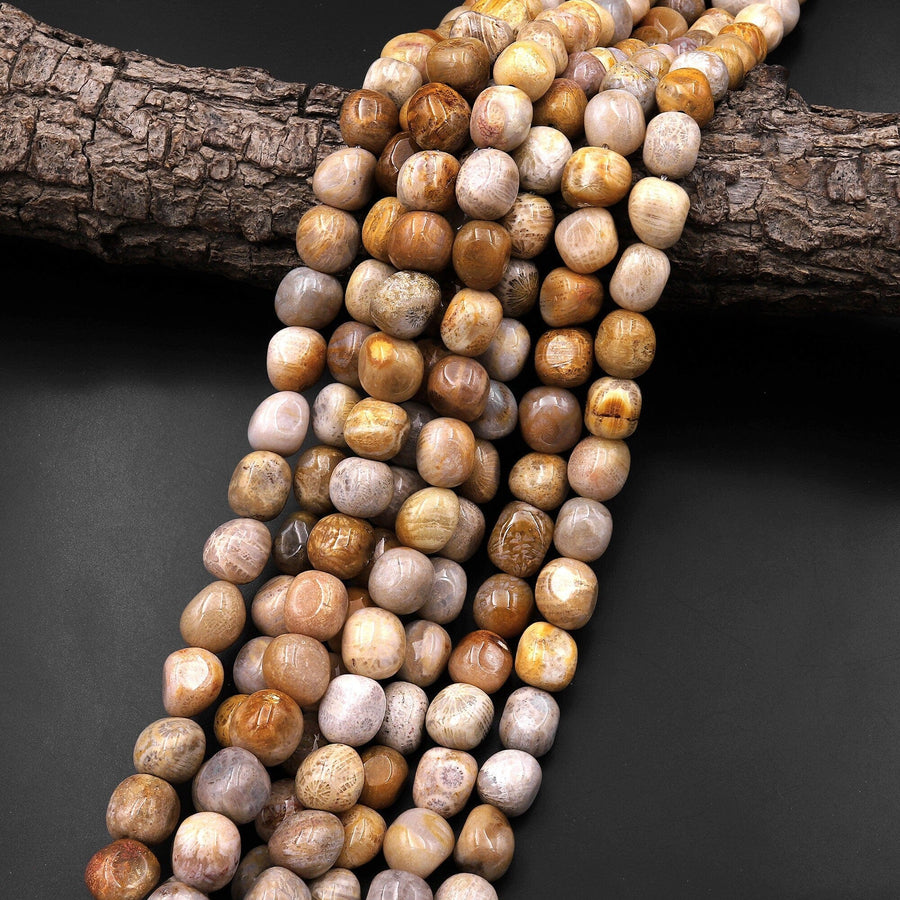 Natural Fossil Coral Beads Freeform Pebble Nuggets 15.5" Strand