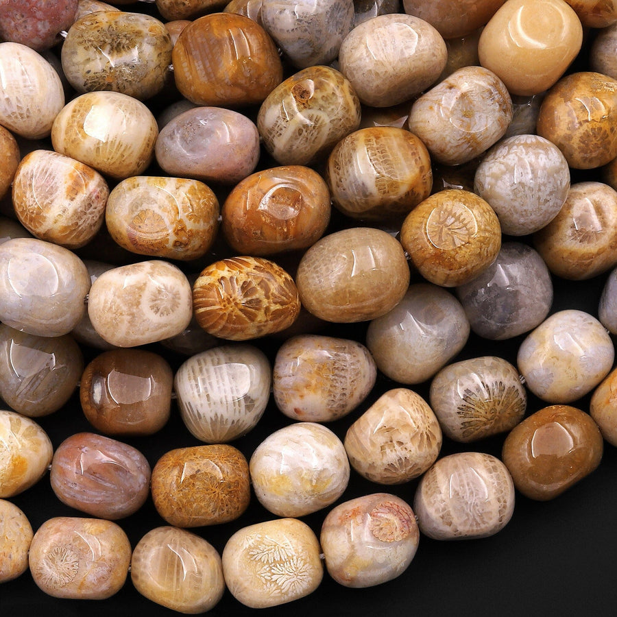 Natural Fossil Coral Beads Freeform Pebble Nuggets 15.5" Strand