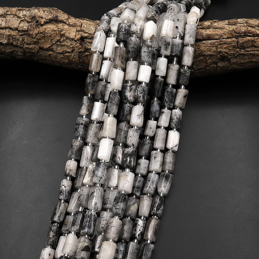 Natural Black Tourmaline Rutilated Rutile Quartz Smooth Tube Cylinder Beads 15.5" Strand