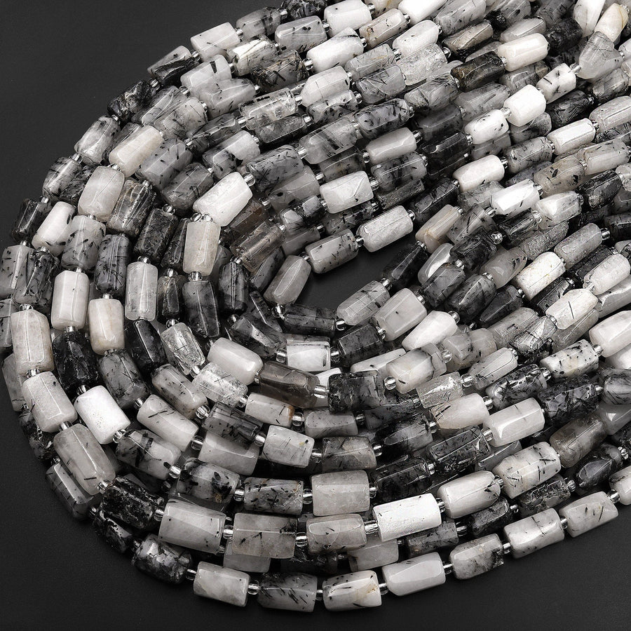 Natural Black Tourmaline Rutilated Rutile Quartz Smooth Tube Cylinder Beads 15.5" Strand