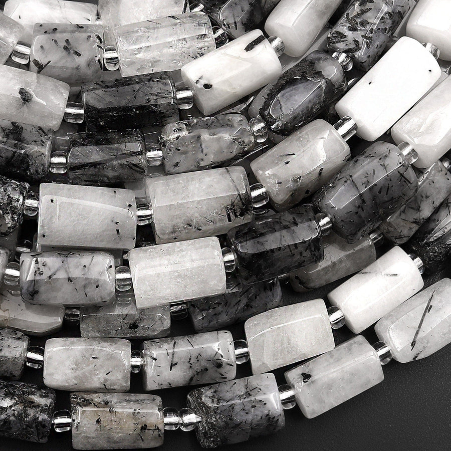 Natural Black Tourmaline Rutilated Rutile Quartz Smooth Tube Cylinder Beads 15.5" Strand