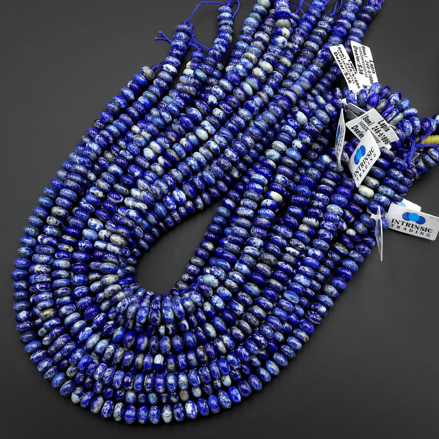 Natural Blue Lapis Beads Smooth Rondelle Beads Calcite Matrix 6mm 8mm 10mm 15.5" Strand