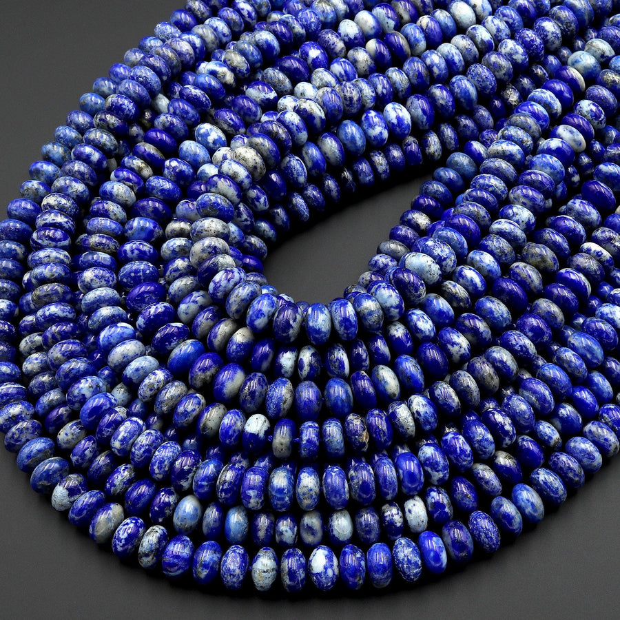 Natural Blue Lapis Beads Smooth Rondelle Beads Calcite Matrix 6mm 8mm 10mm 15.5" Strand
