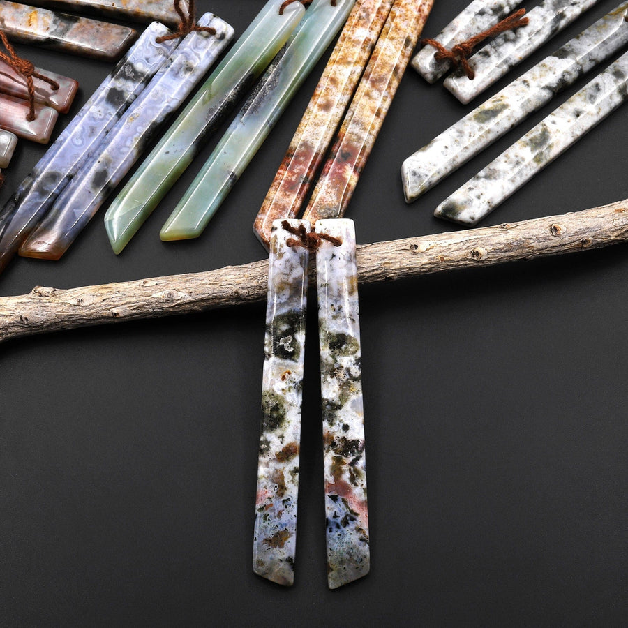 Natural Ocean Jasper Super Long Linear Spike Earring Pair Matched Gemstone Beads A4