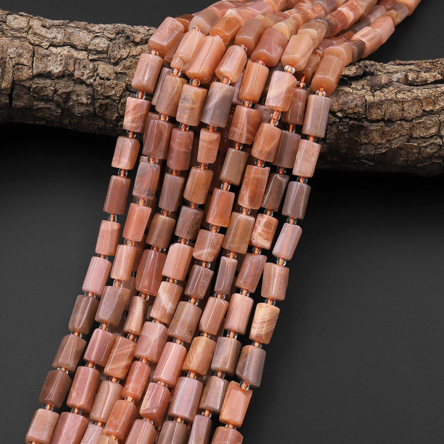 Natural Peach Moonstone Smooth Tube Cylinder Beads 15.5" Strand