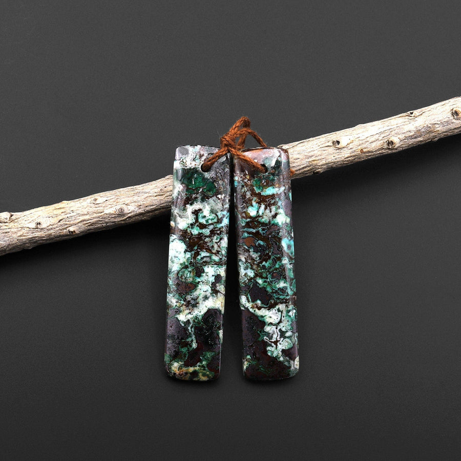 Rare Natural Malachite Chrysocolla Earring Pair Rectangle Matched Gemstone Beads A2
