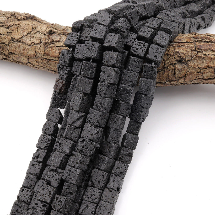 Natural Black Lava 10mm Cube Beads 15.5" Strand